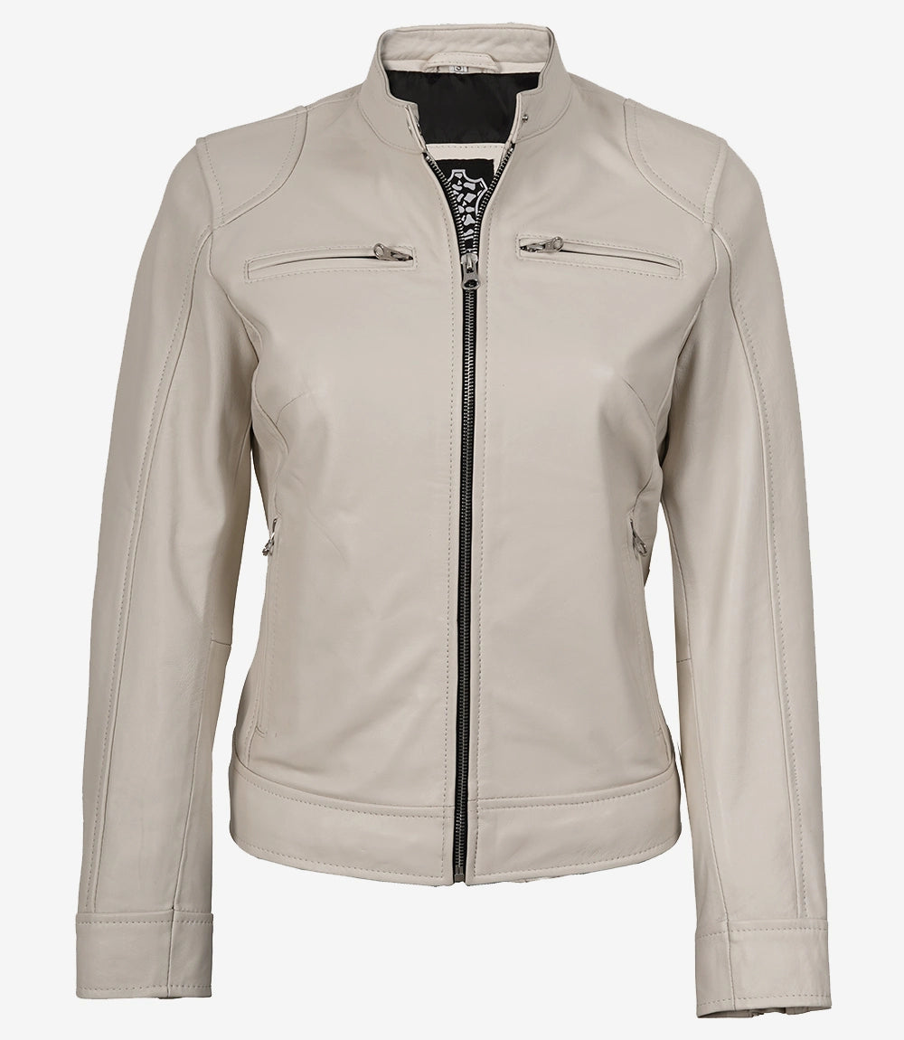 Veste en cuir style motard blanc cassé pour femme