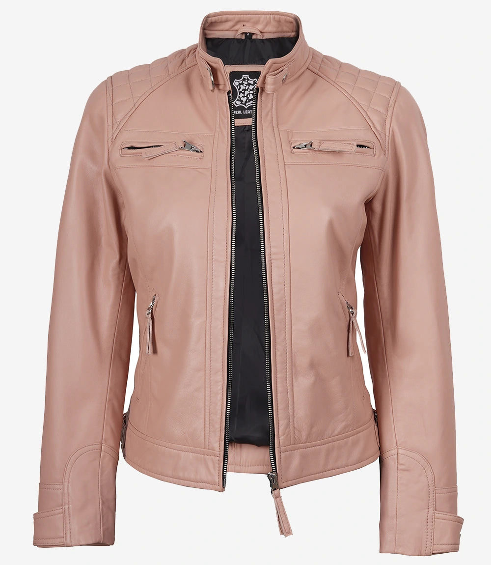 Veste en cuir rose style motard pour femme - Épaules matelassées