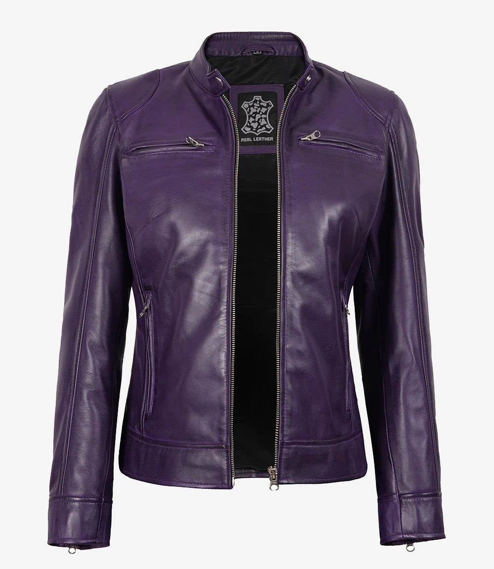 Womens Purple Real Leather Moto Jacket