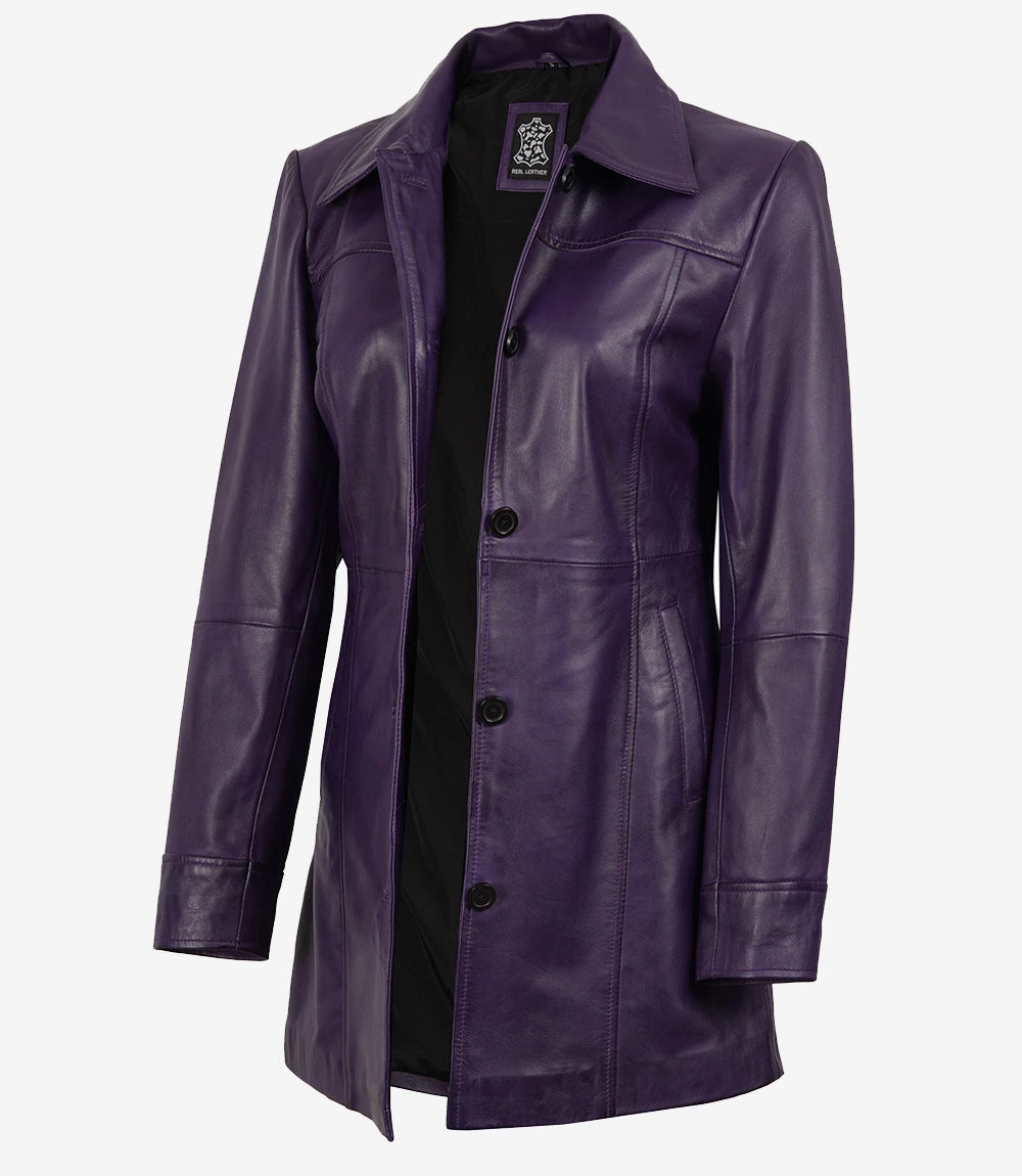 Womens Purple Leather Car Coat