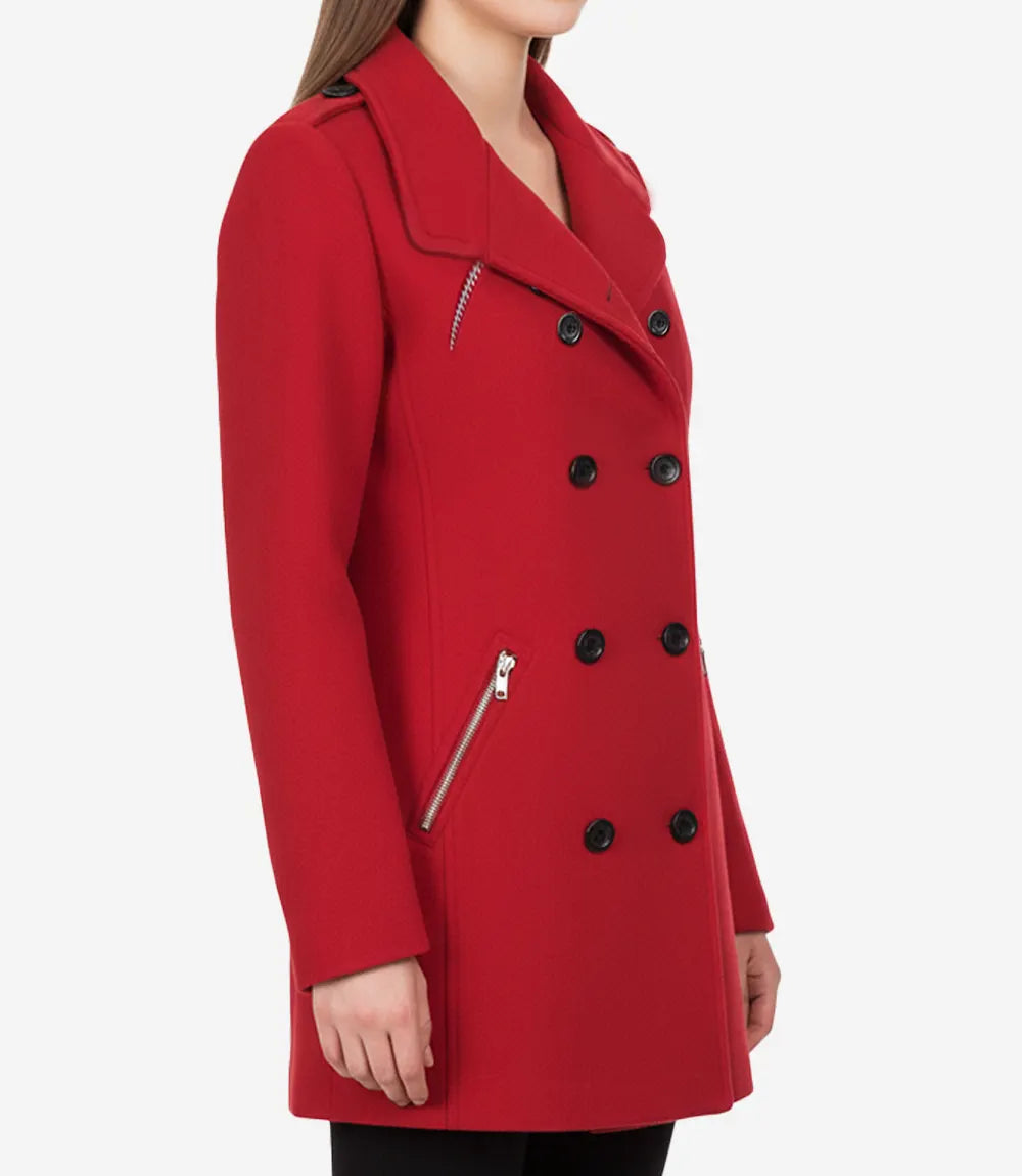 Caban croisé en laine rouge pour femme