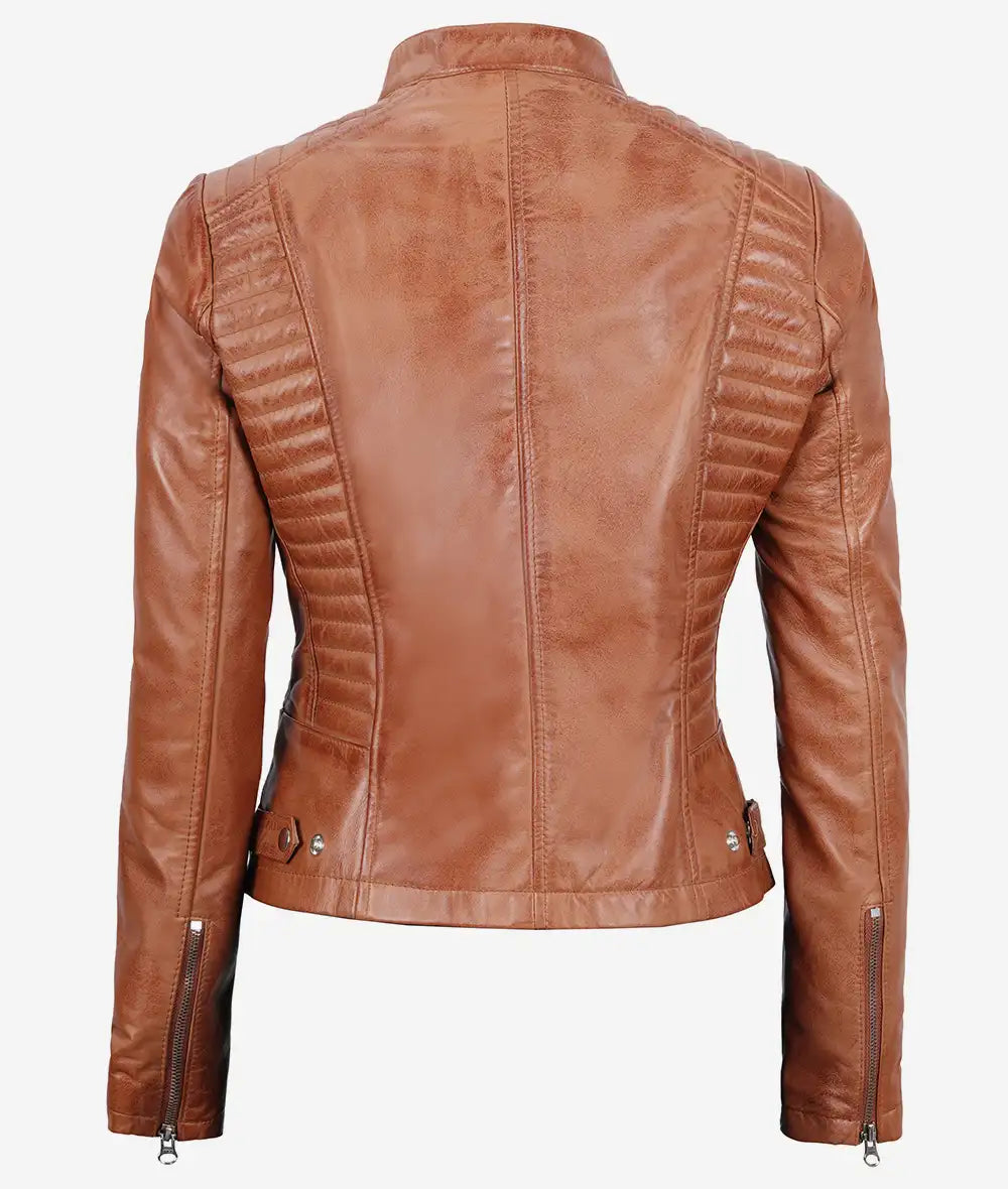 Womens Petite Biker Fitted Tan Leather Jacket