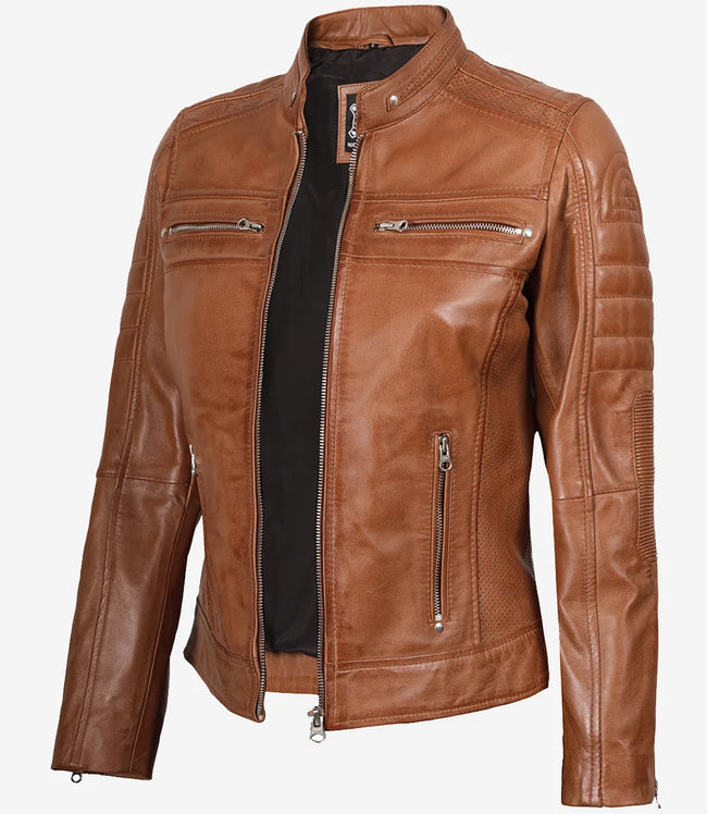 Veste en cuir style motard beige pour femme