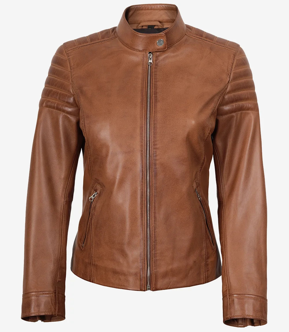 Veste style motard en cuir d'agneau véritable pour femme, couleur tan