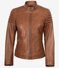 Veste style motard en cuir d'agneau véritable pour femme, couleur tan