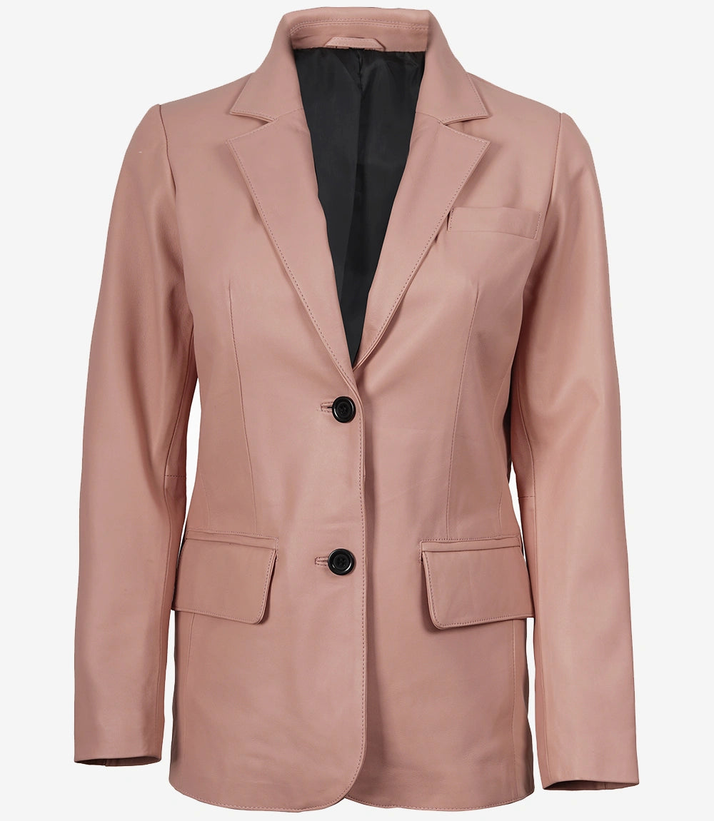 Blazer en cuir rose à deux boutons pour femme