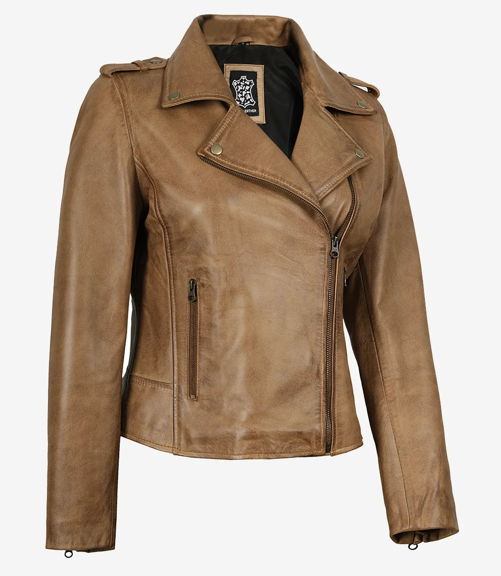 Leather Asymmetrical Camel Biker Jacket Womens