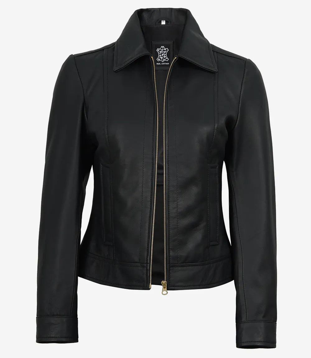 Jose Women's Black Harrington Leather Jacket with Golden Details