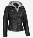 Women's Biker Style Black Leather Jacket with Hood