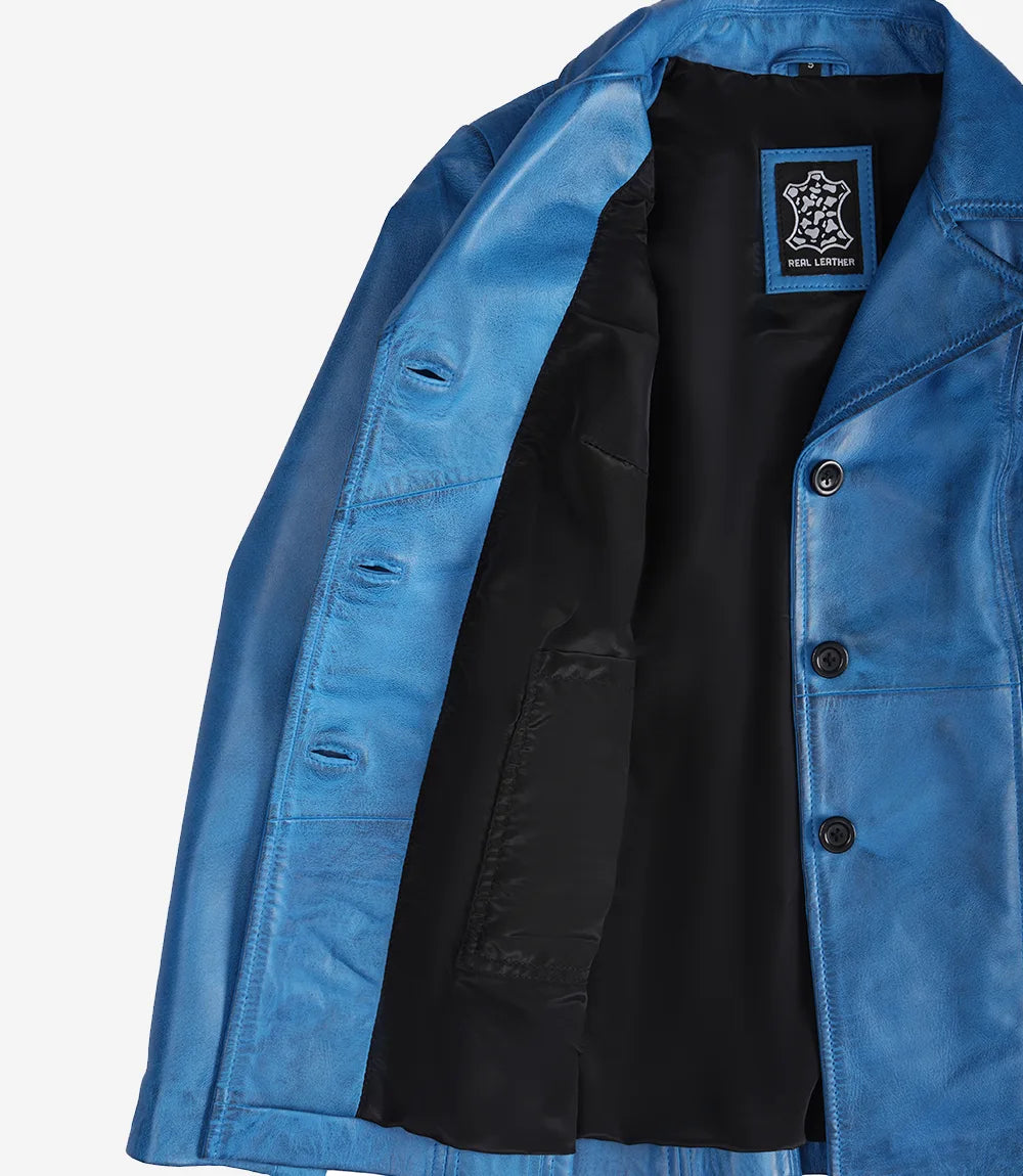 Manteau en cuir ciré bleu pour femme - Trois boutons