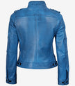Veste style motard en cuir d'agneau ciré bleu pour femme