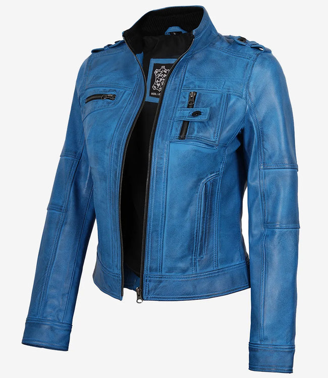 Veste style motard en cuir d'agneau ciré bleu pour femme