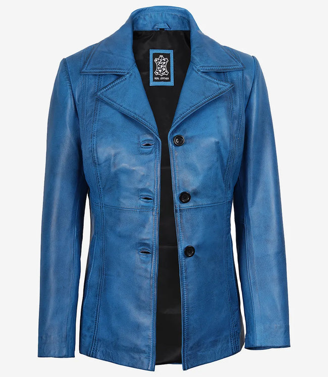 Manteau en cuir ciré bleu pour femme - Trois boutons