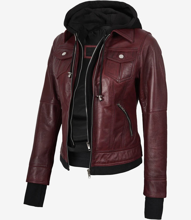 Blouson aviateur en cuir bordeaux pour femme avec capuche amovible
