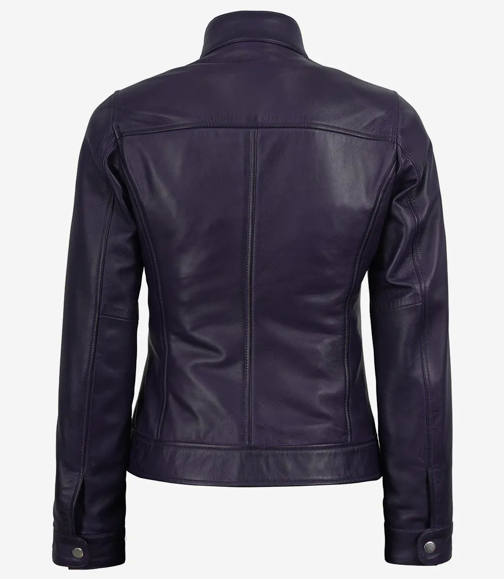 Women's Purple Waxed Lambskin Biker Style Leather Jacket