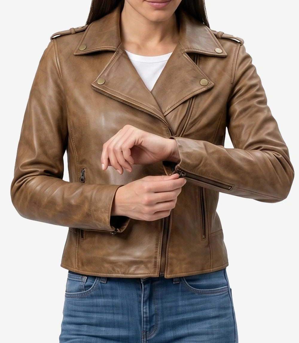 Veste motard en cuir véritable marron camel pour femme